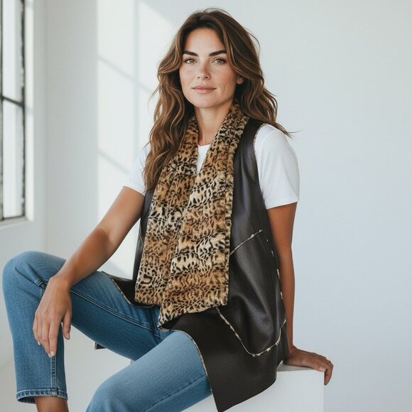 Dolce Cabo Jackets & Blazers - Dolce Cabo Women's faux brown leather/faux fur‎ leopard drape vest L